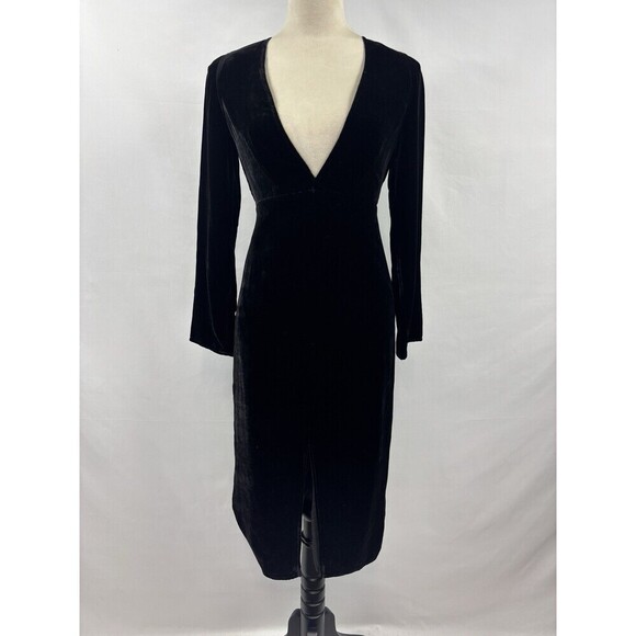 For Love & Lemons Colette Velvet Dress Black XS Wrap Midi Long Sleeve V-neck - Picture 12 of 13
